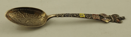 LEVI & SALAMAN A SILVER AND ENAMELLED COMMEMORATIVE SPOON for Table Bay and Table Mountain, Cape