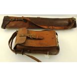 A GREAT WAR PERIOD LEATHER CARTRIDGE CASE and a LEATHER GUN TUBE with brass fittings and shoulder