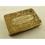 NO HALLMARKS A GEORGIAN SILVER/OR SILVER PLATE RECTANGULAR SNUFF BOX, with foliate engraving top and