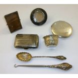 A MISCELLANY OF SILVER ITEMS comprising; powder compact, two photograph frames, cigarette case, boot