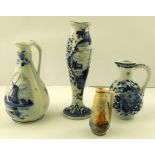 FOUR PIECES OF DELFTWARE to include a small FLAGON made for Herman Jansen Distillery, a sparrow beak