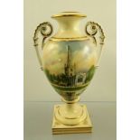 PETER PLATT A ROYAL WORCESTER PORCELAIN TWIN HANDLED VASE painted with a scene of Holy Trinity