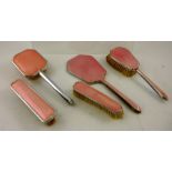 A COMPOSITE 1950's CHROME PLATED BASE METAL AND PINK ENAMEL DRESSING TABLE SET of Deco design with