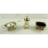 SYNYER & BEDDOES A THREE-PIECE SILVER CRUET, each having applied gadroon rim and plain belly,