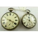 TWO GENTLEMAN'S OPEN FACE SILVER ENGLISH POCKET WATCHES, both with un-engraved cartouche backs, both