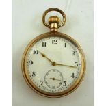 A GENTLEMAN'S 20TH CENTURY PROBABLY GOLD COLOURED METAL OPEN FACE POCKET WATCH, having keyless