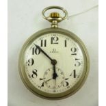A 20TH CENTURY OMEGA "GOLIATH" NICKEL CASED OPEN FACE POCKET WATCH, case no. 8076785, having 7-jewel