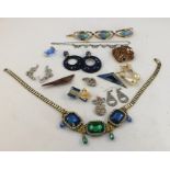 A BOX OF ASSORTED COSTUME JEWELLERY including pearl and paste set earrings, necklet and a large