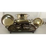 A QUANTITY OF SILVER PLATED WARES including; a two handled tea tray, circular tureen with inner