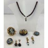 A BOX OF COSTUME JEWELLERY to include; a garnet necklace, three brooches, two pairs of earrings