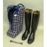 A PAIR OF BLACK HUNTING BOOTS by D. Davies, Brynmawr (approx size 9) in Munroe boot bag together