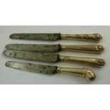 AN ASSORTMENT OF FOUR GEORGIAN/VICTORIAN SILVER BANDED TABLE KNIVES Queens pattern, flute and