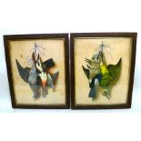 A PAIR OF EARLY 20TH CENTURY FRENCH EMBOSSED POLYCHROME PANELS, each depicting hanging birds, 34 x