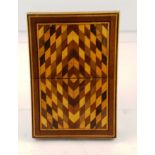 A PARQUETRY DECORATED VISITING CARD CASE with slide fit action, 10cm x 7cm