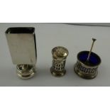 A SILVER SALT, A MATCHING PEPPER with blue glass liners, and a DISSIMILAR MATCH HOLDER, mixed assays