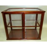 A 20TH CENTURY MAHOGANY FRAMED GLAZED COLLECTOR'S CABINET fitted two doors and one inner glass