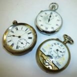 A SILVER COLOURED METAL GENTLEMAN'S OPEN FACE POCKET WATCH with Swiss lever mechanism and TWO OTHERS