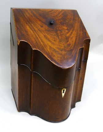 A GEORGE III MAHOGANY KNIFE BOX having sloping hinged lid over serpentine front, remains of original - Image 2 of 3