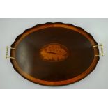 A GEORGIAN DESIGN OVAL MAHOGANY GALLERY TRAY, inset shell paterae, fitted brass handles, 57cm