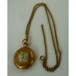 A LATE VICTORIAN LADY'S GOLD POCKET WATCH chased case with enamel decoration verso, square mounted