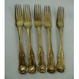 SARAH AND JOHN WILLIAM BLAKE FIVE GEORGE IV SILVER TABLE FORKS, Kings pattern, crested, London