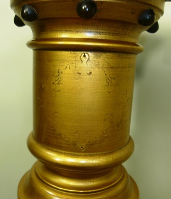 AN EDWARDIAN AESTHETIC DESIGN TORCHERE, ebonised and gilt wood, with hand coloured ceramic stem, - Image 3 of 4