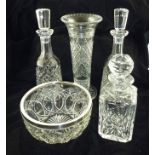 A SILVER MOUNTED CUT GLASS FRUIT BOWL, 20cm diameter, a trumpet form cut glass VASE, and three cut