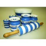 A COLLECTION OF T.G. GREEN CORNISH WARES includes rolling pin, large mixing bowl and storage