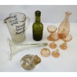 A QUANTITY OF GLASSWARES including a Venetian Liqueur set, a pink tinted decanter with a mermaid