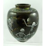 A JAPANESE VASE the black ground painted with skeletons fighting with green bamboo poles, partly