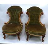 A PAIR OF VICTORIAN WALNUT SHOW FRAMED SALON CHAIRS, camel backs with button upholstery and sprung