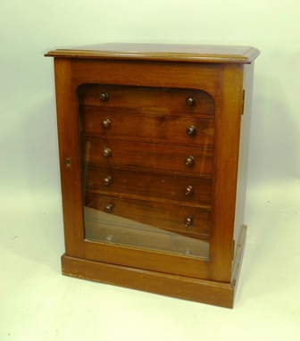 A LATE VICTORIAN MAHOGANY COLLECTOR'S CABINET having glazed door revealing seven graduated drawers