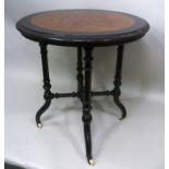 A LATE 19TH CENTURY AESTHETIC DESIGN OCCASIONAL TABLE, ebonised with burr maple inset top and