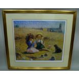 A LIMITED EDITION COLOUR PRINT no.118/1000 depicting Two young girls sat on a French beach eating