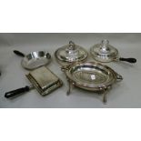 A SELECTION OF FIVE PIECES OF EPNS, to include a Chafing Dish, two circular segmented Dishes and two