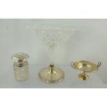W1 BROADWAY & CO. - LATE 20TH CENTURY BIRMINGHAM A CUT GLASS BOWL, raised on silver foot, 17cm high,