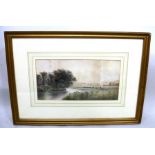 S**M** TAIT A shepherd and flock beside a river, a Watercolour, signed, 17cm x 34cm in glazed frame