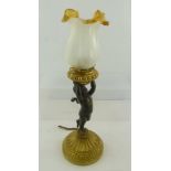 A 20TH CENTURY BRONZE AND ORMOLU TABLE LAMP in the form of a putti holding aloft a bowl, the bowl