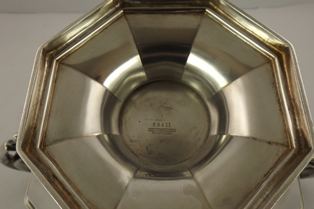 WALKER AND HALL AN OCTAGONAL SILVER FRUIT BOWL with scroll handles, raised on platform base, - Image 3 of 3