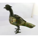 A MEIJI PERIOD JAPANESE CLOISONNE AND BRONZE KORO AND COVER, modelled as a standing bird, polychrome