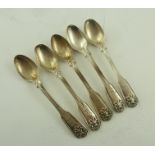 WILLIAM THEOBALDS AND ROBERT ATKINSON FIVE EARLY VICTORIAN SILVER EGG SPOONS, fiddle, thread and