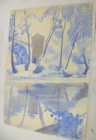 HUBERT ARTHUR FINNEY (1905-1991) "Landscape, composition in Blue", Watercolour, signed, bears studio