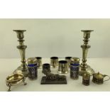 A PAIR OF 19TH CENTURY PEWTER CANDLESTICKS with push rods, 20cm high together with a QUANTITY OF