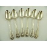 A SET OF SIX GEORGE III SILVER TABLE SPOONS, fiddle, thread and shell pattern, with shell heels,