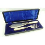 A PAIR OF FISH SERVERS having silver plated blade and tines, with mother of pearl handles, in