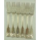 SAMUEL NEVILLE A SET OF SIX GEORGE III IRISH SILVER TABLE FORKS, fiddle, thread and shell pattern,