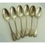 WILLIAM ELEY AND WILLIAM FEARN A SET OF SIX GEORGE IV SILVER TABLE SPOONS, fiddle, thread and