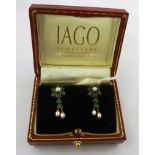 A PAIR OF VICTORIAN STYLE EMERALD AND SEED PEARL FLORAL DROP EARRINGS each with gold coloured