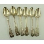 A MATCHED SET OF SIX 19TH CENTURY SILVER TEA SPOONS, fiddle, thread and shell pattern, various
