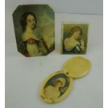 A 19TH CENTURY MINIATURE of a lady with bird of prey, 12cm x 9cm, together with TWO OTHER MINIATURES